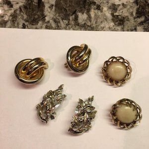 Lot Of 3 Vintage - Modern Clip-on Clip On Gold Tone Costume Earrings Mix